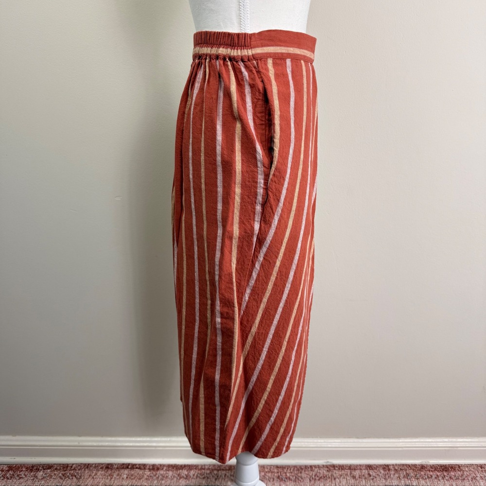 Madewell Rust Orange Striped Linen Blend Faux Wrap Midi Skirt with Pockets XS - Picture 2 of 11